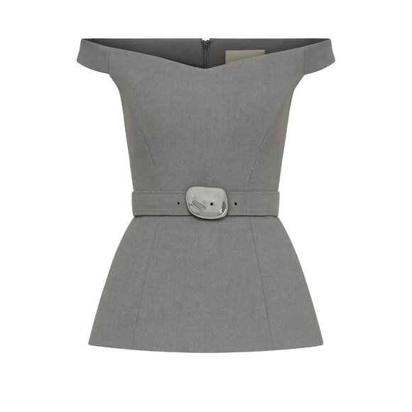 Fifi Off Shoulder Gray Top With Belt By Nicholas Size US 2/AU 6 V-Neck Peplum St - Picture 1 of 9